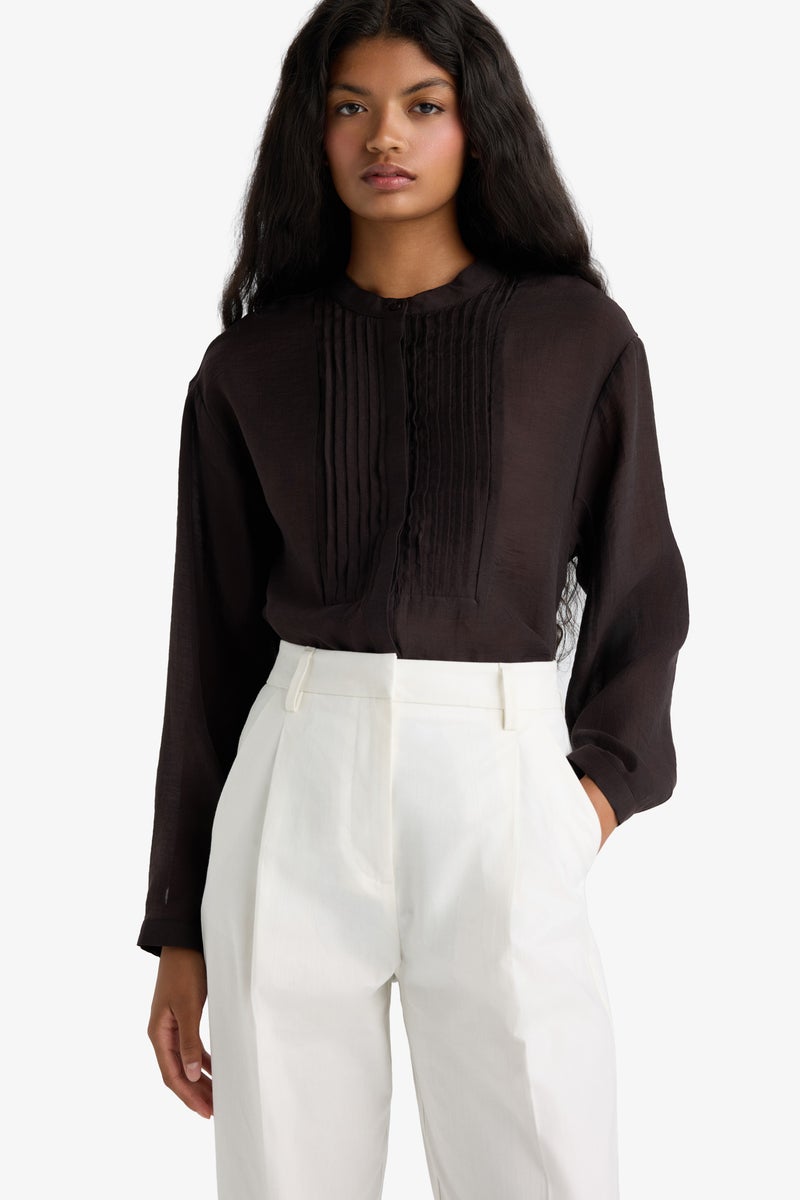 DeFacto Brown Woman Oversize Fit Grandad Collar Sensual Long Sleeve Shirt Casual - Image 3